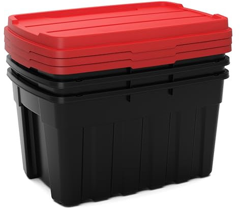 Keter Tuff Box 3x 140L Storage Boxes with Lid, Durable, Water Resistant, Large Capacity, Stackable, Black/Red