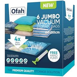 6 Pack Large Vacuum Compressed Storage Bag, 80 x 60cm Reusable Clothes Storage Bags,Space Saver Bags for Bedding, Curtains, Pillows, Clothing, Hand Pump Included