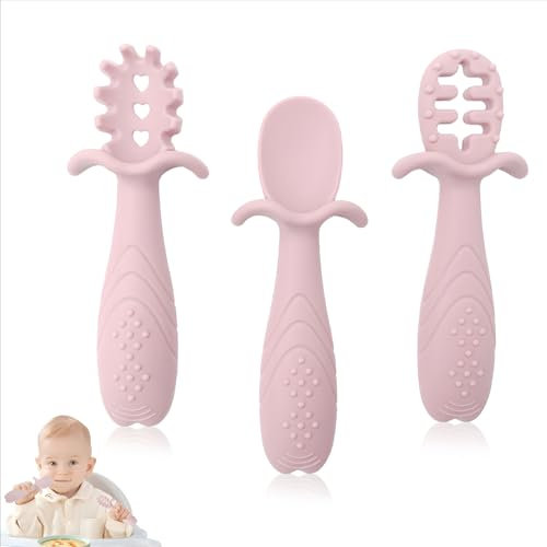 SoeUyd 3 Pezzi Cucchiaino Svezzamento,Cucchiaio Didattico per Bambini in Silicone,Cucchiaio Svezzamento,Consigliato da Nutrizionisti e Esperti di Svezzamento,Apprendimento Complementare Bambini