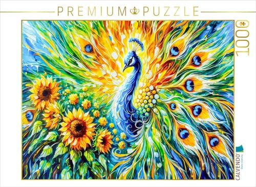 Puzzle · Abstrakter Pfau mit Sonnenblumen in farbenfroher Ölmalerei | Ein prächtiger, abstrakter Pfau umgeben von leuchtenden Sonnenblumen · 1000 Teile · Lege-Größe 64 × 48 cm · CALVENDO Puzzle
