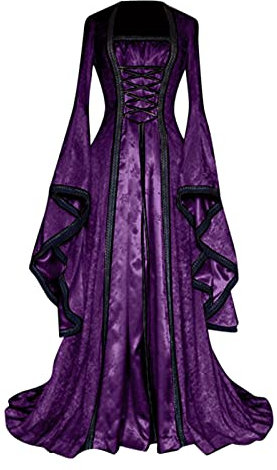 Generisch Robe Femme Style Couleur Solide Manches Trompette Longue Princesse Médiévale Robes de Mariée pour Femmes, lilas, XXL