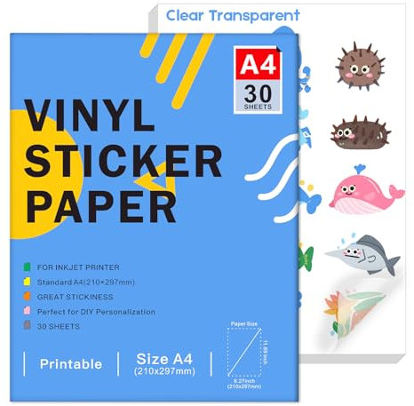 Carta adesiva in vinile stampabile per stampante a getto d'inchiostro - Formato A4 (297 x 210 mm) Adesivo autoadesivo impermeabile compatibile con Cricut, colori vivaci (Trasparente, 30 Sheets)