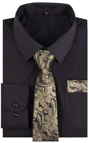 Alizeal Mens Long Sleeve Shirt and Necktie Set Formal Casual Business Wedding Button Down Dress Shirt and Tie Set, Black-Gold-S