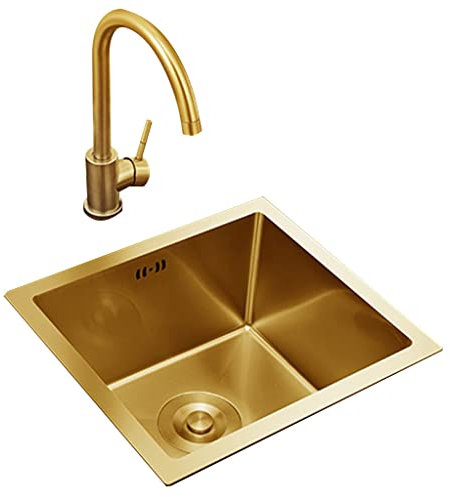 Fregadero de cocina de acero inoxidable dorado con grifo, fregadero de barra de tamaño pequeño para encimera incorporada, 38 x 38 x 21 cm