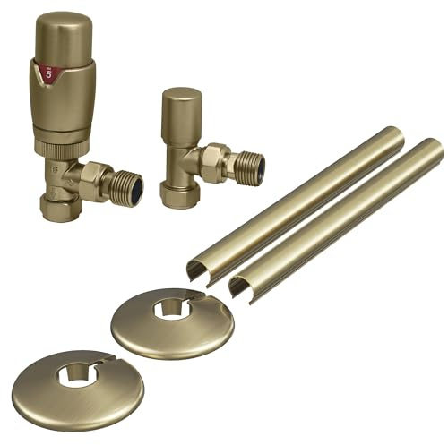 Brushed Brass Thermostatic Radiator Valve Angled - 15mm x R 1/2 with Lockshield with Clip-on Pipe Covers and Collars