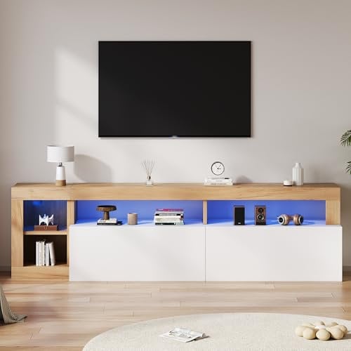 LERFAN Meuble TV moderne pour téléviseur jusqu'à 200 cm, espace de rangement ouvert avec témoin lumineux, convient pour chambre à coucher et salon, cadre en bois original, porte blanche