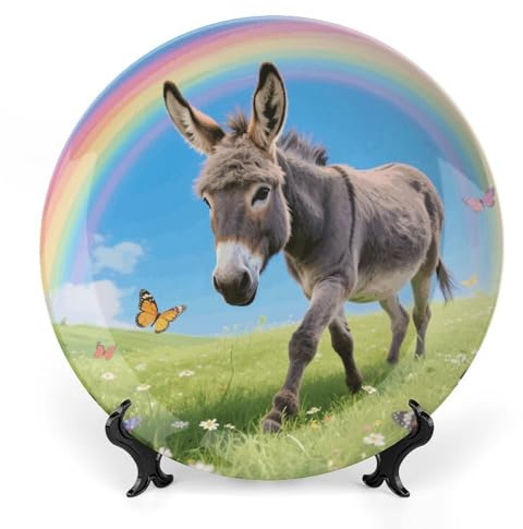 LPSADGF Donkey & Butterflies (Rainbow) Decorative Plates Ceramic Decorative Plates for Display Bohemian Style Dinner Plate with Display Stand China Plate for Home Decoration 10inch