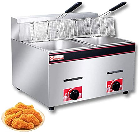 HPTHLY Friteuse À Gaz 20 L, Plaque De Cuisson Commerciale, Friteuse À Frites avec 2 Paniers De Friture, Acier Inoxydable, Double Cylindre