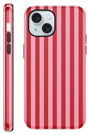 Coalbooliy Handyhülle Streifen für iPhone 15, Aesthetic Sommer Gestreift Striped Frauen Frühling Bunt Mädchen Muster 2 in 1 Case Silikon Schutzhülle Print Design Bumper Kratzfest Cover, Rot