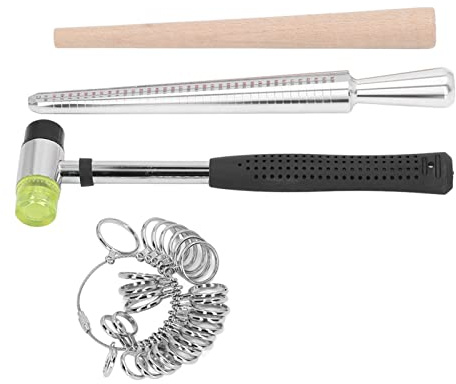 Yctze Juego de Medidores con Calibre de Dedo de Aluminio, Mandril de Madera, Martillo de Goma, Anillos de Varios Tamaños Estadounidenses para Fabricación de Joyas