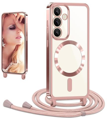CaseLover Magnetische Handyband für Samsung Galaxy S26 5G Hülle mit Band, Klare Silikon Necklace Handyhülle mit Kordel zum Umhängen Stossfest mit Kameraschutz Bumper Handy Schutzhülle Case, Roségold
