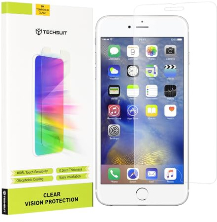 Techsuit Displayschutzfolie für iPhone 6 Plus, iPhone 6s Plus Gehärtetes Glas mit 9H Härte, Hüllenfreundlich, Stoßschutz, Oleophobe Beschichtung, Anti Fingerabdruck, Kristallklar, Clear Vision