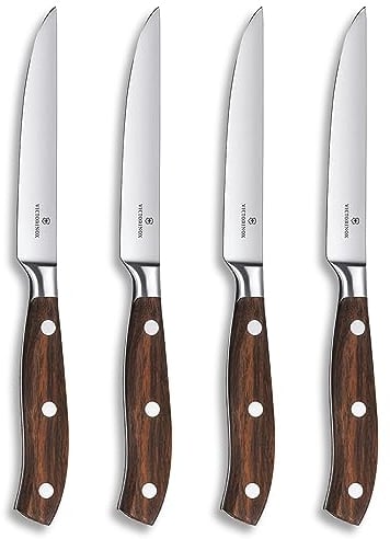 Victorinox Grand Maître, set di coltelli professionali da bistecca, 4 pezzi, lama extra-affilata, affilatura diritta, 12 cm, elegante manico in legno, acciaio inossidabile, marrone