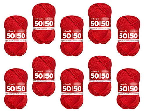 myboshi 50/50-Ganzjahres-Wolle aus Baum- und Merinowolle, für Oberbekleidung geeignet, Mulesing-frei, hochwertiges Häkel-/Strickgarn, 50g, Ll 110m Rot (Signalrot), 10 Knäuel