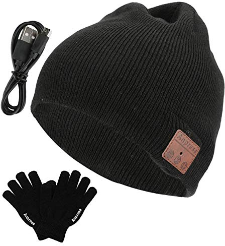 Anpress Bluetooth Beanie Headphones + Touchscreen Gloves,Washable Winter Knitted Wireless Music Headset Hat with Mic Stereo Speaker for Running, Skiing,Skating, for Men Women (Black)