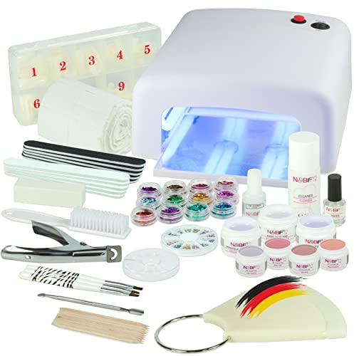 NAILS FACTORY N&BF UV Gel Nagelstudio Starter Set - optimaler Einstieg in das eigene Nageldesign mit dem Nagelset dank viel Nailart | UV Lampe und Farbgel Set Soft Nudes (weiß)