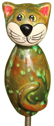 Manufaktur Lichtbogen Dekofigur Katze aus Keramik - grün ca. 17 cm hoch Gartendeko Gartenfigur Gartenstecker