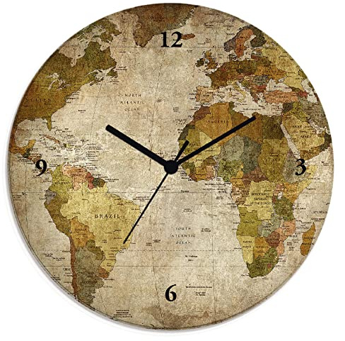 ARTLAND Wanddeko Wanduhr ohne Tickgeräusche Glas Funkuhr Ø 30 cm Rund Lautlos Weltkarte