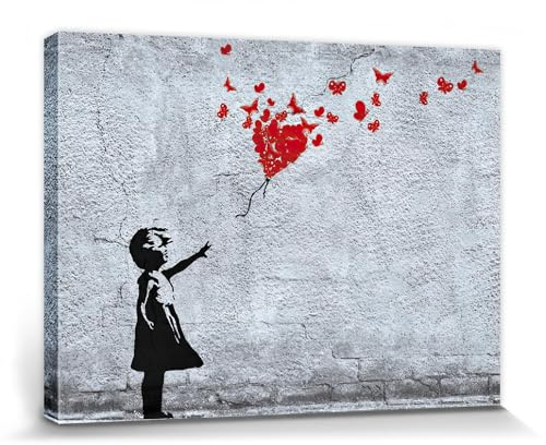 1art1 Mädchen Poster Mädchen Mit Luftballon Und Schmetterlingen, Banksy-Style Bilder Leinwand-Bild Auf Keilrahmen | XXL-Wandbild Poster Kunstdruck Als Leinwandbild 40x30 cm