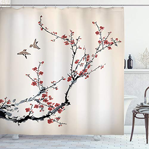 ABAKUHAUS La Nature Rideau de Douche, Oiseaux de Style Art, Tissu Ensemble de Décor de Salle de Bain avec Crochets, 175 cm x 180 cm, Noir Bourgogne