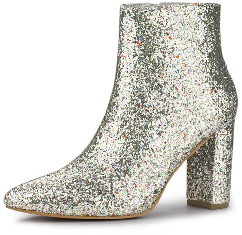 Allegra K Donna Stivali Glitterati Punta Tacco Blocco Caviglia Stivaletti Chiusura con Cerniera Argento 41