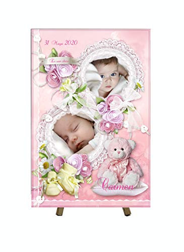 Carrelage 30 x 20 cm avec trépied en bois. Personnalisé avec photo et prénom.