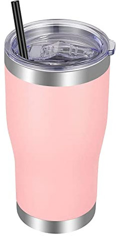 VEGOND Vaso de acero inoxidable con tapa y pajita aislada al vacío, doble pared (rosa, 1 unidad)