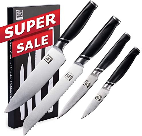 zayiko NAMI 4-teiliges Kochmesser Set – Edelstahl Küchenmesser mit 8,5–20 cm Klingenlänge, Chefmesser, Brotmesser, Allzweckmesser, Officemesser, ABS-Griff, schnitthaltig und rostfrei