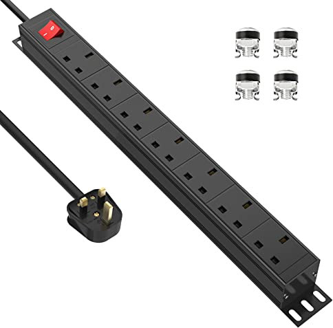 Extension Lead Surge Protection 7 Way Multi Plug Power Strip with Switches, Desk Power Strip 19 Inch Rack Mount Power Socket for Home Office Power Distribution Unit (PDU), Black, 13A