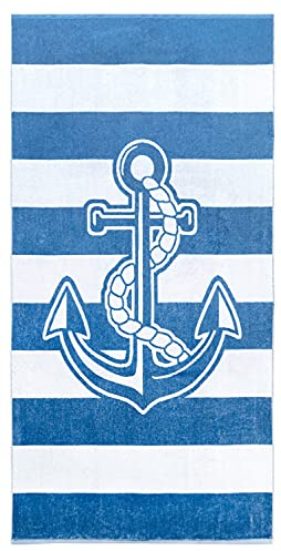 Lashuma Velours Strandtuch Athen, Badehandtuch Blau Weiß gestreift mit Anker, Liegetuch 90x180 cm