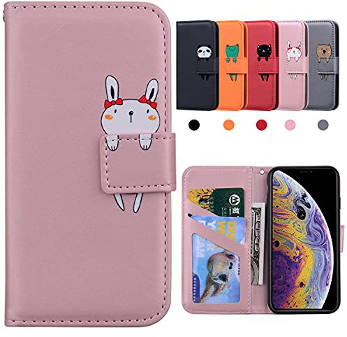 Kedic Cover iPhone XS, Custodia iPhone X, Cartoon Cute Custodia Caso,iPhone X Cover,Protettiva Portafoglio Flip Custodia per iPhone XS/iPhone X con Kickstand Fuction,Slot per Schede -Coniglio, Rosa