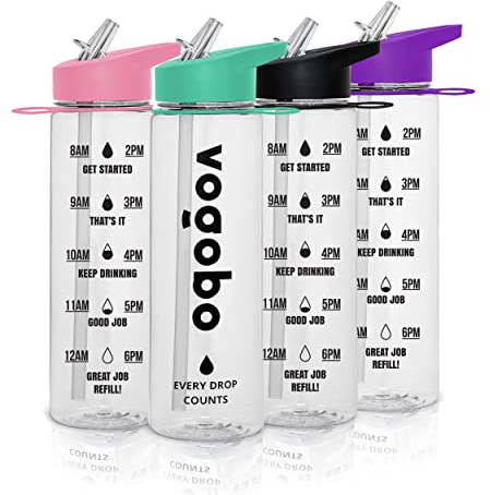 Vogobo Water Bottle 900ml – Leak Proof Sports Water Bottles with Loop, Straw and Motivational Time Mark – BPA Free Plastic, Reusable and Heat Resistant