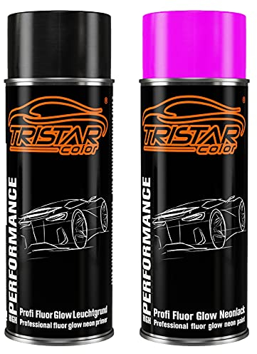 TRISTARcolor Profi Set Fluor Glow Neonlack Pink matt mit Leuchtgrund Sprühdose Spraydose 400ml Autolack schnell trocknend