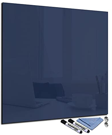 Glas-Magnettafel 80x80 cm Whiteboard Wand Beschreibbar Quadratisch Magnetisch Küche Office Büro mit Zubehör Wochenplaner Abwischbar Deko Memoboard Tafel Blau