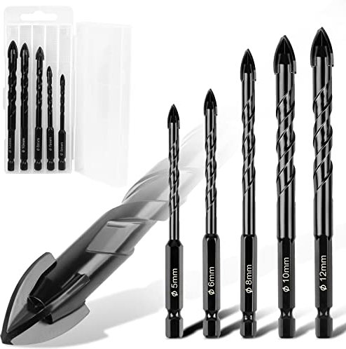 Tile Drill Bits, 5 Pc Set, Masonry Drill Bits for Porcelain, Concrete, Brick, Glass (Ø 5-12 mm)