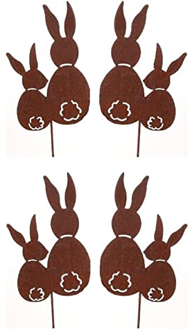 Dragimex dekorativer Gartenstecker Oster-Deko-Stecker Osterhase Hasenpaar Metall edelrostig Preis für 4 Stück, Braun, ca. 8,5 x 14,5 cm hoch, Stecker 58 cm lang
