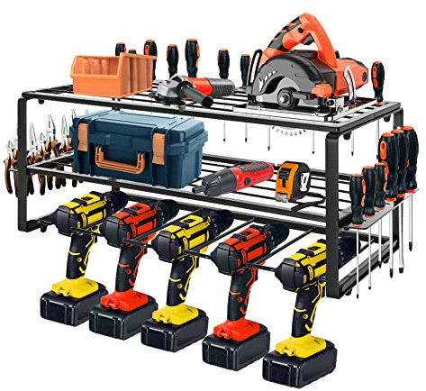 BQKOZFIN Power Tool Organizer Storage Rack, Wall Mount Drill Holder Charging Station for 5 Power Drills, Cordless Battery Tool Shelving with Side Screwdriver Storage for Garage, Workshop (Medium)