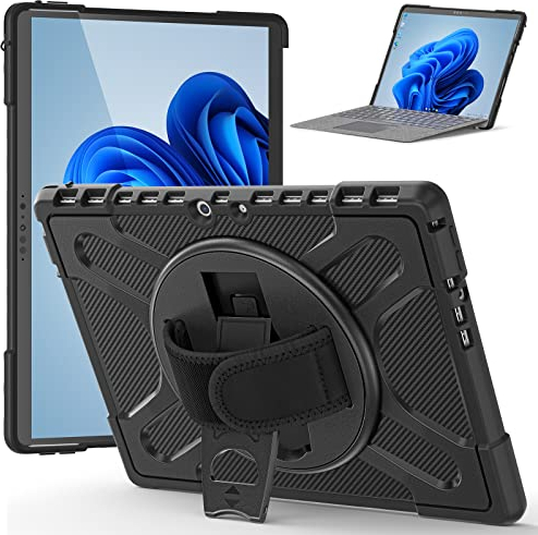 Gerutek Funda Compatible con Microsoft Surface Pro 8 13 Pulgadas 2021, Carcasa Rugosa con Soporte Giratorio, Correa de Mano, Teclado instalable, Funda Antichoque para Surface Pro 8 13 2021, Negro