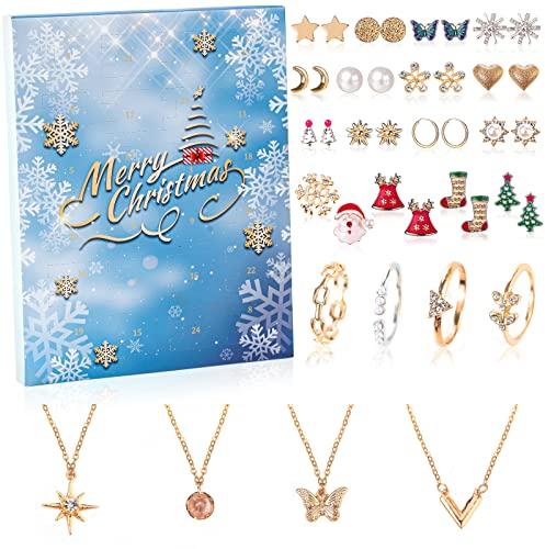 DEWUR Adventskalender 2024 Mädchen Frauen Weinachtskalender Teenager Damen Schmuck Halskette Ringe Ohrringe Mode cool Blau