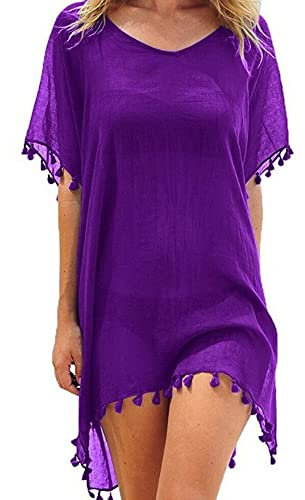 FFWTPY Copricostume Donna con Scollo V Copricostumi Chiffon Mare Abito da Spiaggia con Nappa Estivi Allentato Cover Up Costumi Bikini Cover Up Sexy Sciolto Beachwear (Viola)