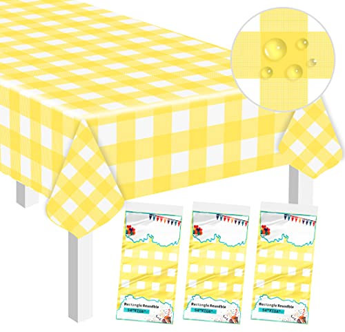 SietDESEO 3 Pack Yellow Gingham Tablecloth, 54 x 108 Inch, Waterproof, Rectangular Plastic Checkered Table Cover for Party, Outdoor, Picnic, Wedding, Yellow Plastic Tablecloth