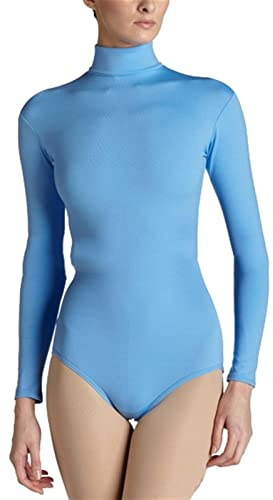 Lifup Damen Ballettanzug Langarm Body Gymnastikanzug Ballett Trikot Einteiler Bodysuit mit Rollkragen Blau L
