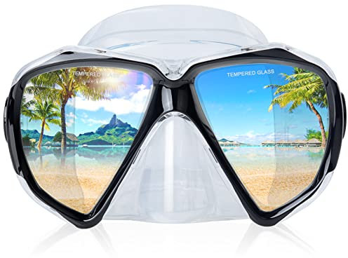 Snorkel Diving Mask Panoramic HD Swim Mask, Anti-Fog Scuba Diving Goggles,Tempered Glass Dive Mask Adult Youth Swim Goggles with Nose Cover for Diving, Snorkeling, Swimming (Clear-Black)