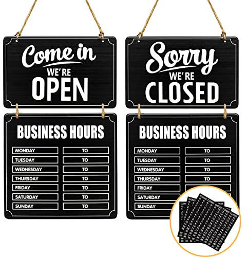Lesnala Letrero de horario comercial para colgar abierto y cerrado, de madera, de doble cara, con calcomanías de tiempo, para cafetería, bar, tienda, puerta, ventana, restaurante, color negro
