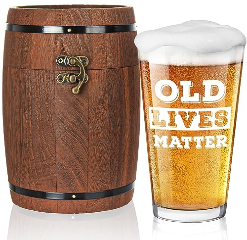 LIGHTEN LIFE Old Lives Matter Beer Glass 450ml,Unique Beer Glass in Barrel Box,Cool Birthday or Retirement Gfit for Husband,Dad,Grandpa,Senior Citizen,Over The Hill Gag Gifts for Old Men