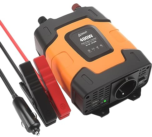 Amperak 400W Spannungswandler 12V auf 230V mit 1 EU-Buchse und 4.8A-Dual-USB-Anschluss und Zigarettenanzünderstecker, Geschäftsreise- und Urlaubsauto- Wechselrichter zum Laden von Laptops, iPads, etc
