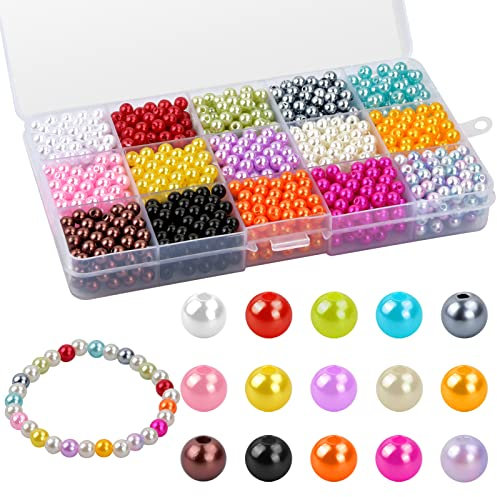 1500 Pcs Perles Rondes Colorées, 15 Couleurs 6 mm Perle de Verre Rondes, Multicolore Perles Nacrées avec Trou, pour DIY Artisanat Colliers Bracelets Fabrication de Bijoux