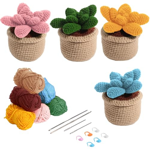 FREEBLOSS 4 Sets Sukkulenten-Häkelset Häkeltier-Set Häkel-Starter-Set Häkelsets für Anfänger Topfhäkel-Paket Lernen Sie häkeln mit Anleitung