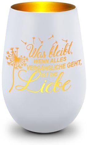GRAVURZEILE Deko Windlicht aus Glas mit Gravur - was bleibt, wenn Alles Vergängliche geht - Trauerlicht für Teelichter und Kerzen - Grabschmuck zur Beerdigung oder als Andenken - Weiß/Gold