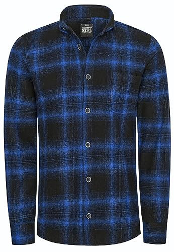 Rusty Neal Herren Holzfäller-Hemd Flanellhemd Schwerer Langarm Karo Hemd Kariertes Freizeithemd Streetwear 031, Farbe:Schwarz/Sax, Größe S-3XL:L